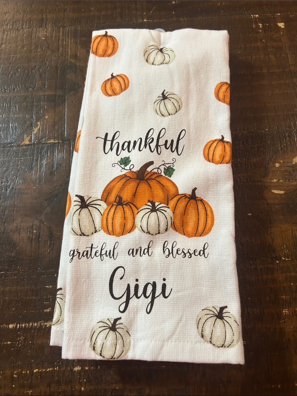Thankful "Gigi" Pumpkin Kitchen Towel - Orange & Cream